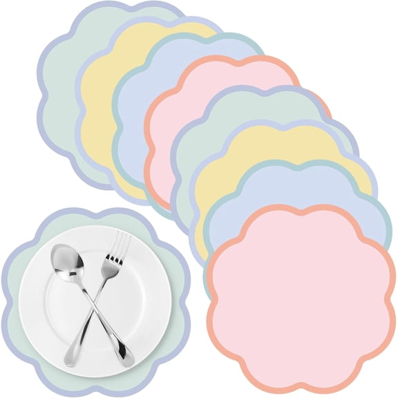 48 Pcs Wavy Round Paper Placemats Colorful Pastel Disposable Placemats with Wavy Border for Birthday Wedding Tea Party Banquet Dinner Table Setting