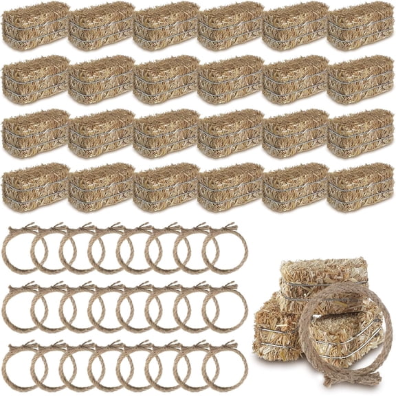 48 Pcs Western Themed Mini Decorative Hay Bales with Twisted Hemp Rope for Cowboy Table Centerpieces