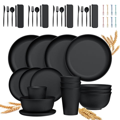 GPED 48 Pcs Wheat Straw Dinnerware Sets For 4, Unbreakable Dinnerware Sets, Reusable Wheat Straw Plates and Bowls Sets, Travel Camping Cutlery Set, Dishwasher Microwave Safe Dinnerware, Black