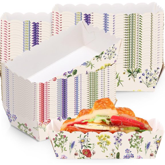 48 Pcs Wildflower Paper Food Trays Vintage Floral Nacho Boat Trays Disposable Snack Holder for Spring Birthday Flower Party Baby Shower Bridal Wedding Supplies