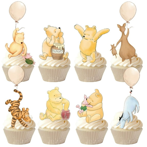 48 Pcs Winnie Cupcake Toppers Classic Pooh Baby Shower Decorations Cute Cake Decorations Oh Baby Newborn Party Favors Boys and Girls First Birthday Supplies