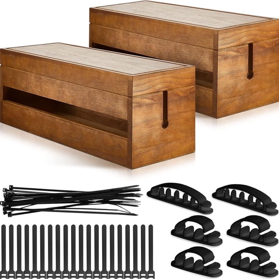 48 Pcs Wooden Cable Management Box Cable Organizer Box Set Power Strip Holder Cord Hider Clip Adhesive Management Ties Cord Sleeves for Desktop Home Office