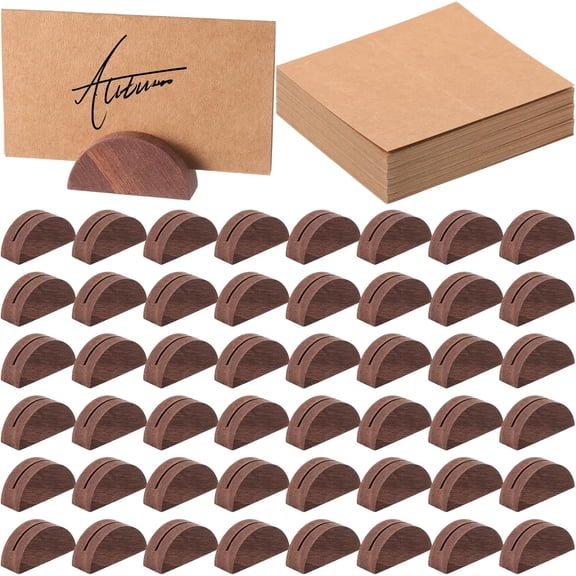 48 Pcs Wooden Table Number Stands Wedding Table Name Holder Semicircular Design Place Card Holders with 48 Pcs Tented Cards for Retail Shop Wedding Party Events Decoration(Brown)