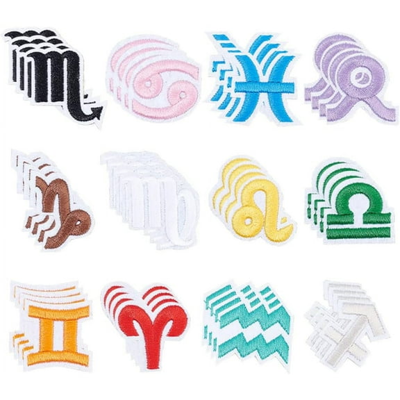 48 Pcs Zodiac Signs Applique Iron On/Sew on Patch Applique 12 Constellations Embroidered Cloth Patches Assorted Colors Decorative DIY Patches for Bag Clothes Dress Hat Jeans Shoes Colorful