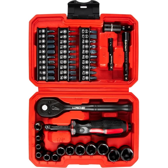 48 Piece 1/4 Inch Mini Socket Ratchet Wrench Set, Metric ow Socket (4-14mm) 6-Point,with 72 Teeth Mini Ratcheting Wrench, Screwdriver Bit Set, Universal Joints and 3 Inch Extensions
