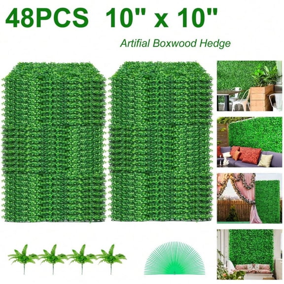 48-Piece 10×10in Artificial Boxwood Hedge Wall Panels - 4cm UV-Resistant Green Grass Backdrop, Fake Hedge Privacy Fence for Indoor Outdoor Garden Backyard