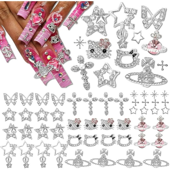 48-Piece 3D Nail Art Charm Set - Shiny Stars Butterflies Planets & Crosses for Acrylic Nails Durable Nail Gems for DIY Manicures, Party & Gift Ideas