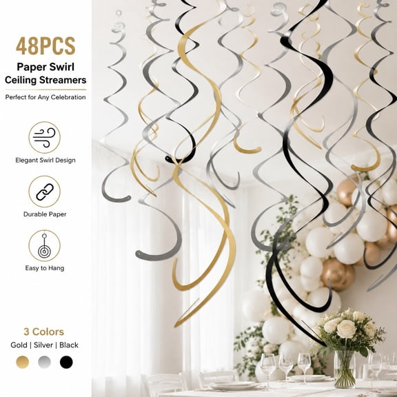 48-Piece Black Gold Silver Paper Swirl Ceiling Decorations, Satin Hanging Spirals for Graduation, Birthday, Wedding, New Year, Party Events