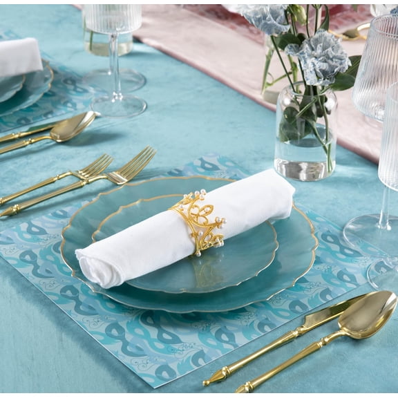48-Piece Blue Gold Rim Disposable Dinner Plates Heavy Duty Party Dishes Set