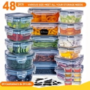 48-Piece Deluxe Food Storage Containers Set - Airtight, BPA-Free, Easy-Snap Lids, and Stackable - Includes 24 Containers, 24 Lids, Free Labels, and Marker for Pantry and Kitchen Organization