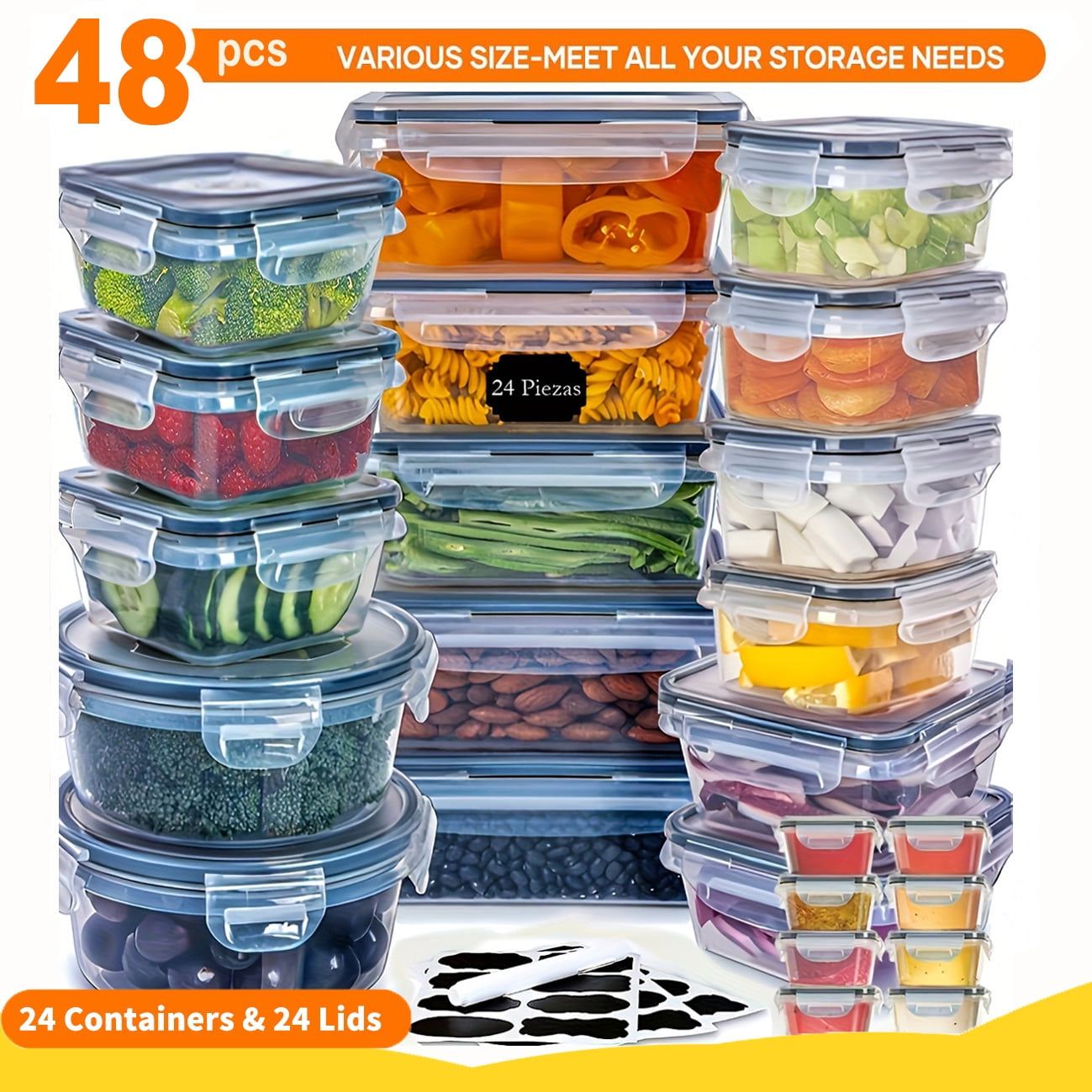 48-Piece Deluxe Food Storage Containers Set - Airtight, BPA-Free, Easy-Snap Lids, and Stackable - Includes 24 Containers, 24 Lids, Free Labels, and Marker for Pantry and Kitchen Organization