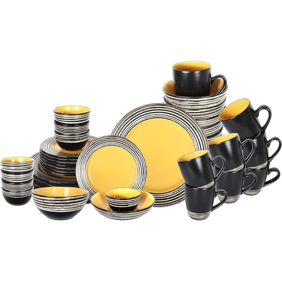 48 Piece Dinnerware Set, Ceramic Plates and Bowls Sets for 8, Microwave and Dishwasher Safe, Handcrafted Tree Bark Series Dish Set, Sunflower/Yellow