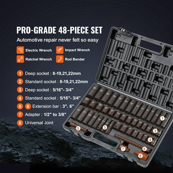 48-Piece Impact Socket Set 3/8" Drive, 6-Point SAE (5/16"-3/4") & Metric (8mm-22mm) Sockets w/ Extender & Universal Joint, Heavy-Duty Case