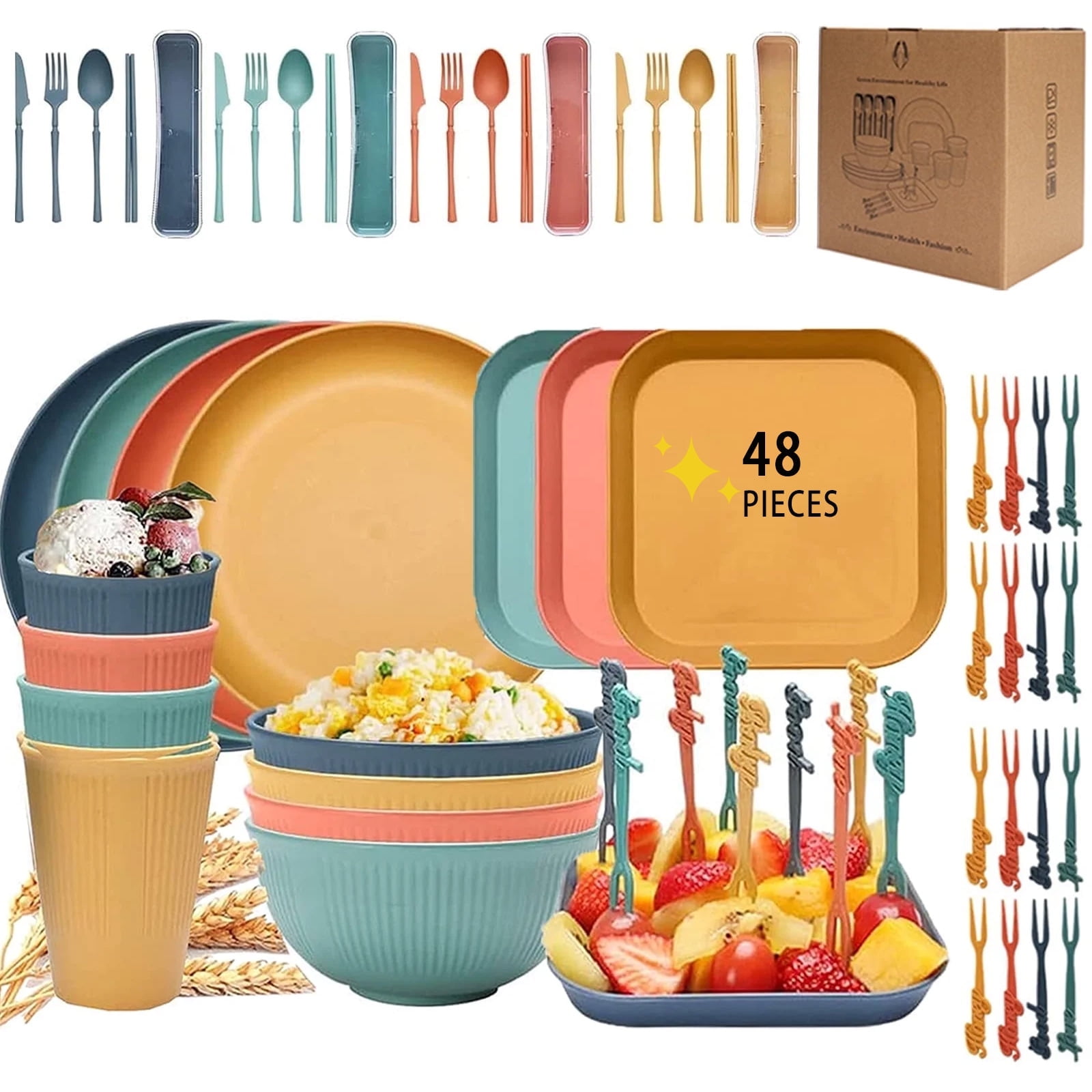 DISHUECO Dinnerware Sets, 48-Piece Unbreakable Plate Set, Lightweight Wheat Straw Home Party Dinnerware Sets for 4 People, Microwave Dishwasher Safe, Reusable Camping Dishes, Colorful