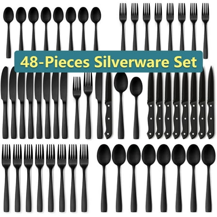 48-Piece Mirror Finished Black Silverware Set with Steak Knives, Black Flatware Set for 8, Stainless Steel Tableware Cutlery Set, Utensil Sets for Kitchen