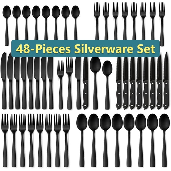 Black Flatware Set, AOKIWO 48-Piece 18/8 Stainless Steel Tableware Silverware with Steak Knives for Kitchen Restaurant, Mirror Polished ,Dishwasher