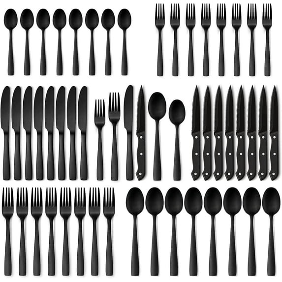 48-Piece Matte Black Silverware Set with Steak Knives, Black Flatware Set for 8, Stainless Steel Tableware Cutlery Set, Utensil Sets for Kitchen