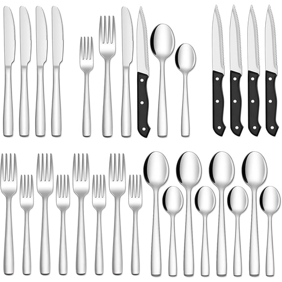 48-Piece Matte Black Silverware Set with Steak Knives, Flatware Set for 8, Stainless Steel Tableware Cutlery Utensil Set