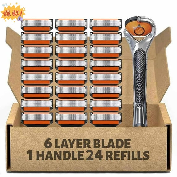 48-Piece Men's Razor Blade Replacement Set with Free Handle - Ultra Sharp Stainless Steel Blades for Smooth Shaving, Long Handle Double Edge Razor Blades, Travel Carry Handling Manual Shaver(24pcs)