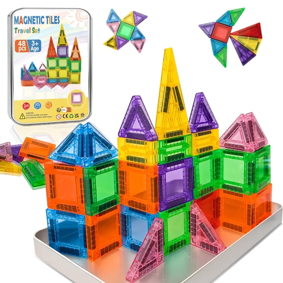 48-Piece Mini Magnetic Tiles Building Set with Metal Travel Box
