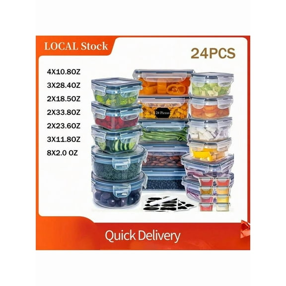 48 Piece  Plastic Food Storage Container Set With 24 Containers And 24 Lids For Kitchen Pantry Organization And Meal Prep