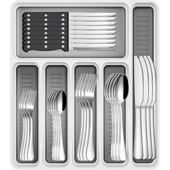 48-Piece Silverware Set with Tray for 8, Stainless Steel Silverware Sets with Organizer, Flatware Cutlery Set with Steak Knives, Dishwasher Safe Kitchen Utensils Set