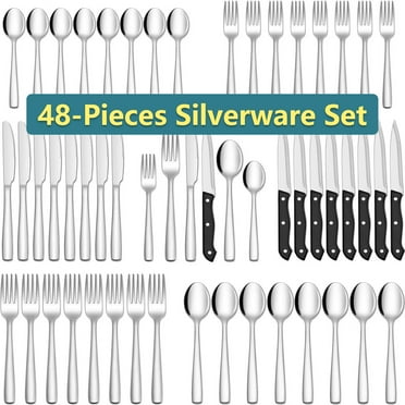 48-Piece Silverware Set with Steak Knives for 8, 18/8 Stainless Steel Flatware Cutlery Set For Home Kitchen Restaurant Hotel, Kitchen Utensils Set, Mirror Polished, Dishwasher Safe