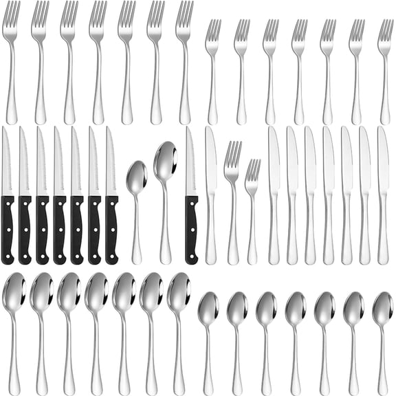 48-Piece Silverware Set with Steak Knives, Stainless Steel Flatware Set for 8, Food Grade Tableware Cutlery Set Rust-proof, Mirror Polished, Dishwasher Safe