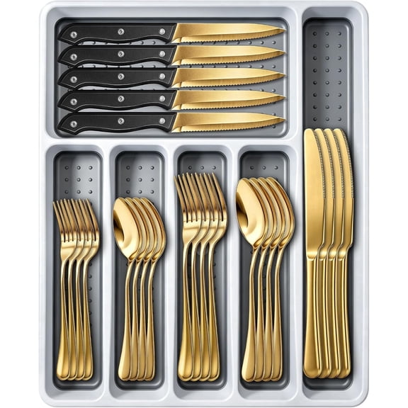 stusgo 48-Piece Gold Silverware Set with Organizer, Heavy Duty Stainless Steel Flatware Set for 8, Food-Grade Cutlery Set Including Steak Knife Fork Spoon, Rust-Proof, Mirror Polished