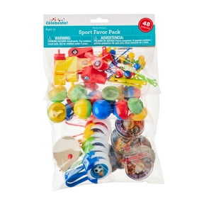 48 Count, Multicolor, Sport Party Favors Pack, Includes: 8 Sport Whistles, 8 Clacker Balls, 8 Poppers, 8 Disc Shooters, 8 Spinning Tops, 8 Pinball Games, Party Favors, by Way To Celebrate
