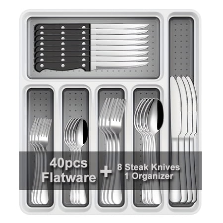 48-Piece Stainless Steel Cutlery Set for 8 - Colorful Knives, Forks & Spoons with Storage Box - Mirror Polish Wedding & Party Flatware for Home, Restaurants, Hotels - Premium Steak Cutlery Set