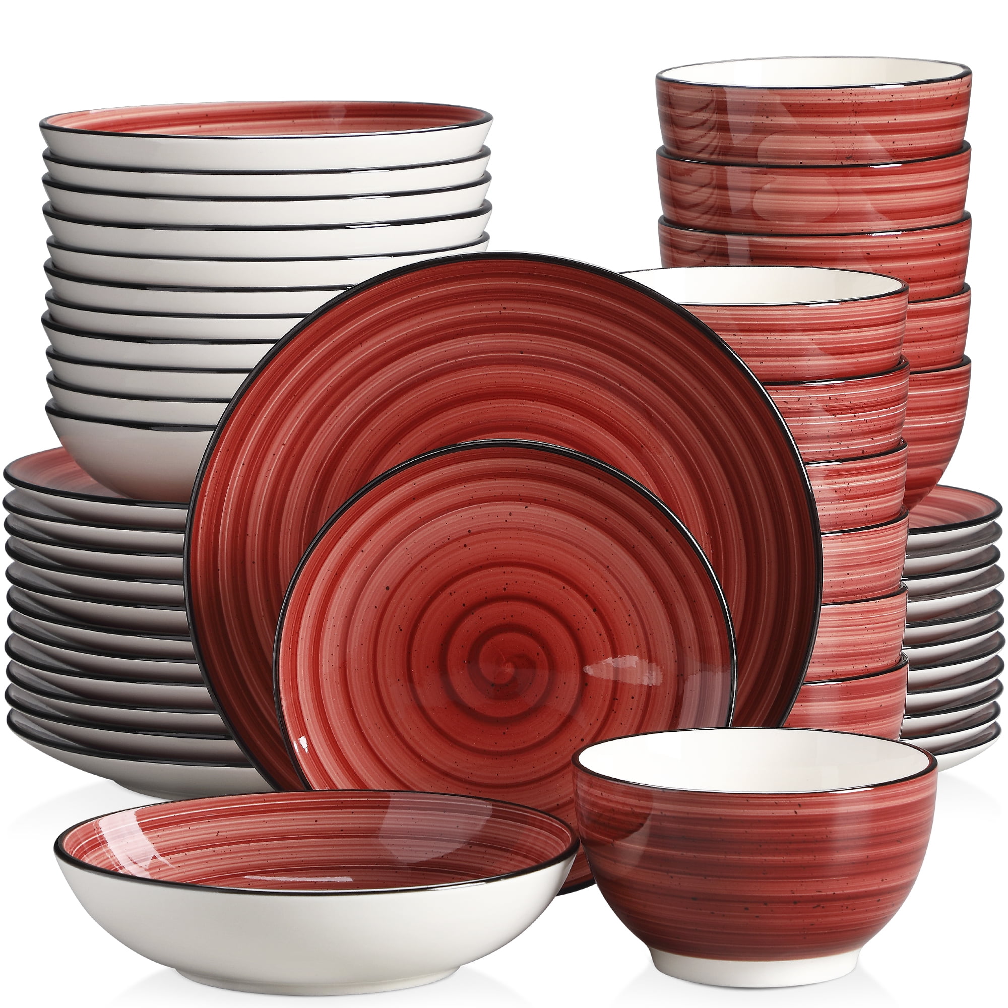 48Piece Stoneware Dinnerware Set, Red Dinner Set, Service for 12