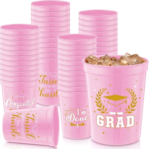 48 Pieces 2026 Graduation Plastic Cups, 16 oz Congrats Grad Cups Set Stadium Grad Party Reusable Tumblers, 4 Styles Hot Cold Drinks for Graduation Party Decorations Supplies(Light Pink)