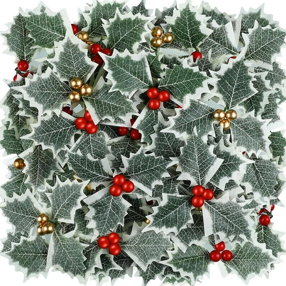 48 Pieces Artificial Holly Berries with Green Leaves Gold Red Holly Berry Stems with Leaves Artificial Holly Leaves and Berries for Christmas Wreath Arrangement Cake Toppers Craft Wedding Party Home