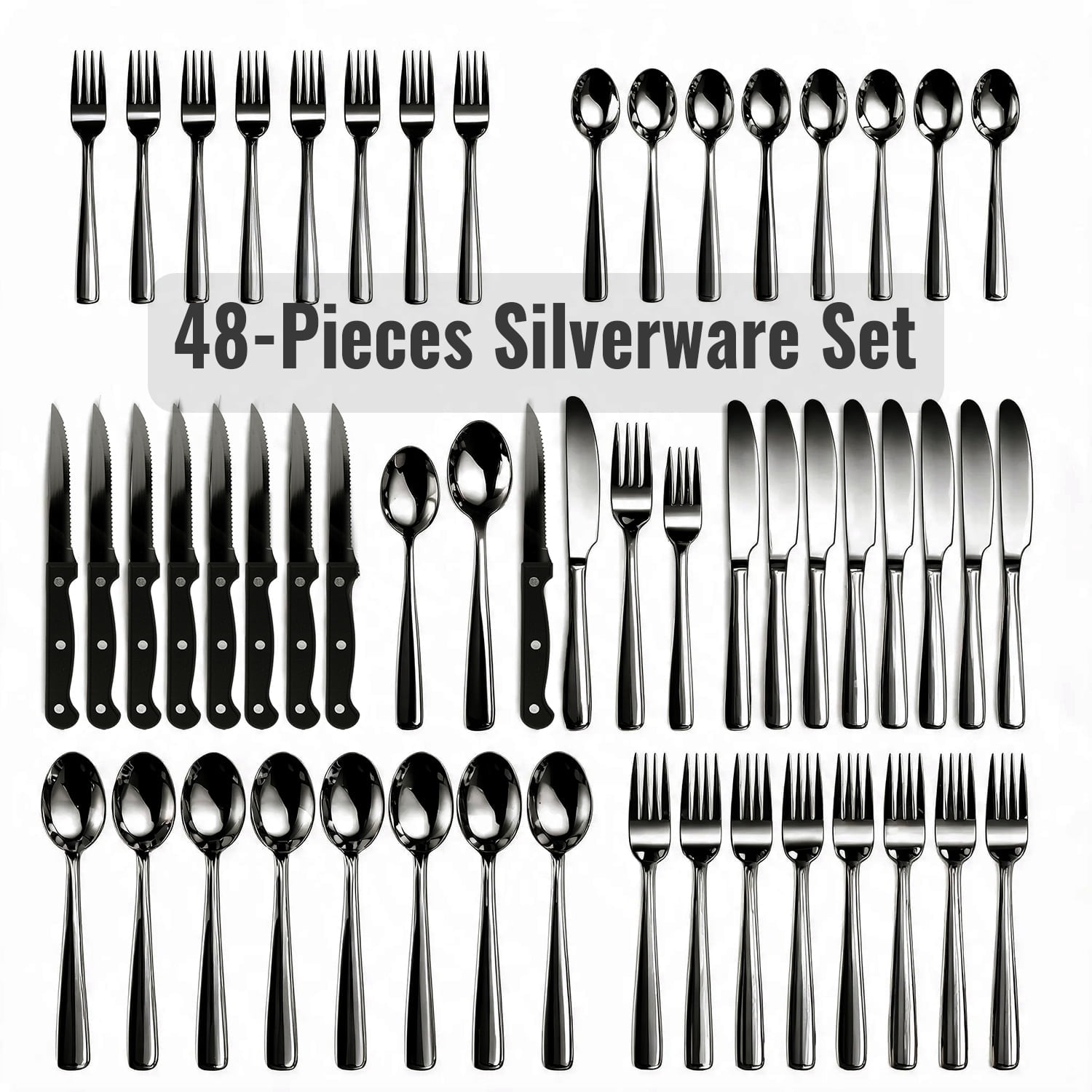 48-Piece Black Silverware Set for 8, with Steak Knives - Food Grade Stainless Steel Flatware Cutlery Utensil Set - Premium Mirror Polished Finish for Home Restaurant Daily Use