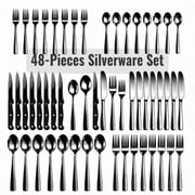 48-Piece Black Silverware Set for 8, with Steak Knives - Food Grade Stainless Steel Flatware Cutlery Utensil Set - Premium Mirror Polished Finish for Home Restaurant Daily Use