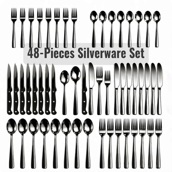 48-Piece Black Silverware Set for 8, with Steak Knives - Food Grade Stainless Steel Flatware Cutlery Utensil Set - Premium Mirror Polished Finish for Home Restaurant Daily Use