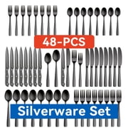 48-Piece Black Silverware Set for 8, with Steak Knives - Food Grade Stainless Steel Flatware Cutlery Utensil Set - Premium Mirror Polished Finish for Home Restaurant Daily Use