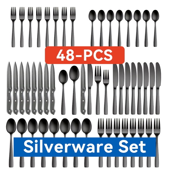 48-Piece Black Silverware Set for 8, with Steak Knives - Food Grade Stainless Steel Flatware Cutlery Utensil Set - Premium Mirror Polished Finish for Home Restaurant Daily Use