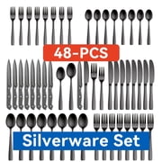 48-Piece Black Silverware Set for 8, with Steak Knives - Food Grade Stainless Steel Flatware Cutlery Utensil Set - Premium Mirror Polished Finish for Home Restaurant Daily Use