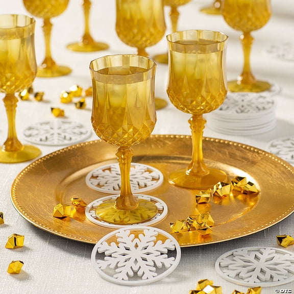 48 Pieces Gold Patterned Wine Glasses with Winter Wedding Snowflake Coasters for 24