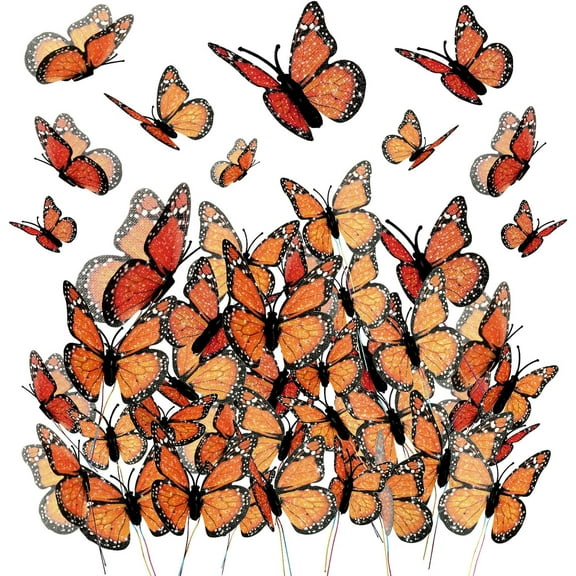 48 Pieces Halloween Monarch Butterfly Decorations 3 Size Artificial Monarch Butterflies Wall Decor 3D Butterfly Wings Wall Art with Wires for Fall Wedding Home Bedroom Wall Decorations