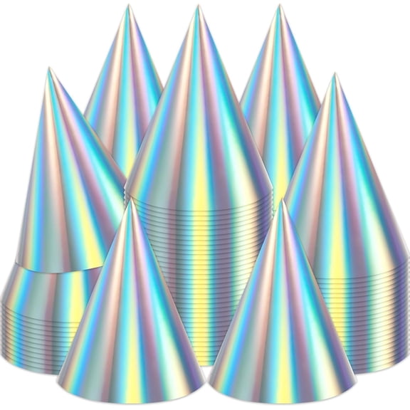 48 Pieces Iridescent Party Hats Rainbow Laser Themed Hat Birthday Party Cone Hats with Elastic String for Birthday Parties and Friend gatherings Rainbow Handmade Hat for Kids Baby Shower Boys
