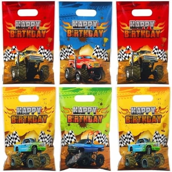 48 Pieces Monster Truck Party Favor Bags Bulk Plastic Happy Birthday Truck Treat Goodie Bags for Kids Racing Themed Decorations Monster Birthday Party Supplies Packing, 9.8 x 6.5 Inch
