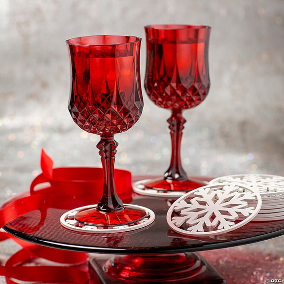 48 Pieces Red Patterned Plastic Wine Glasses with Wooden Snowflake Coasters for 12