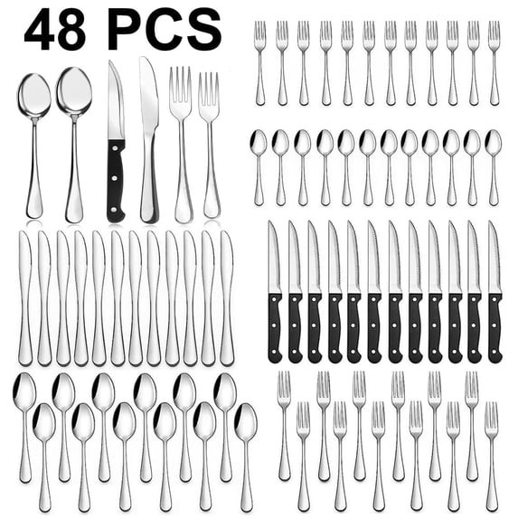 48 Pieces Silverware Set with Steak Knives, Stainless Steel Flatware Cutlery Set for 8, Fancy Tableware Eating Utensils for Home Kitchen Restaurant Hotel, Dishwasher Safe by Kosbon