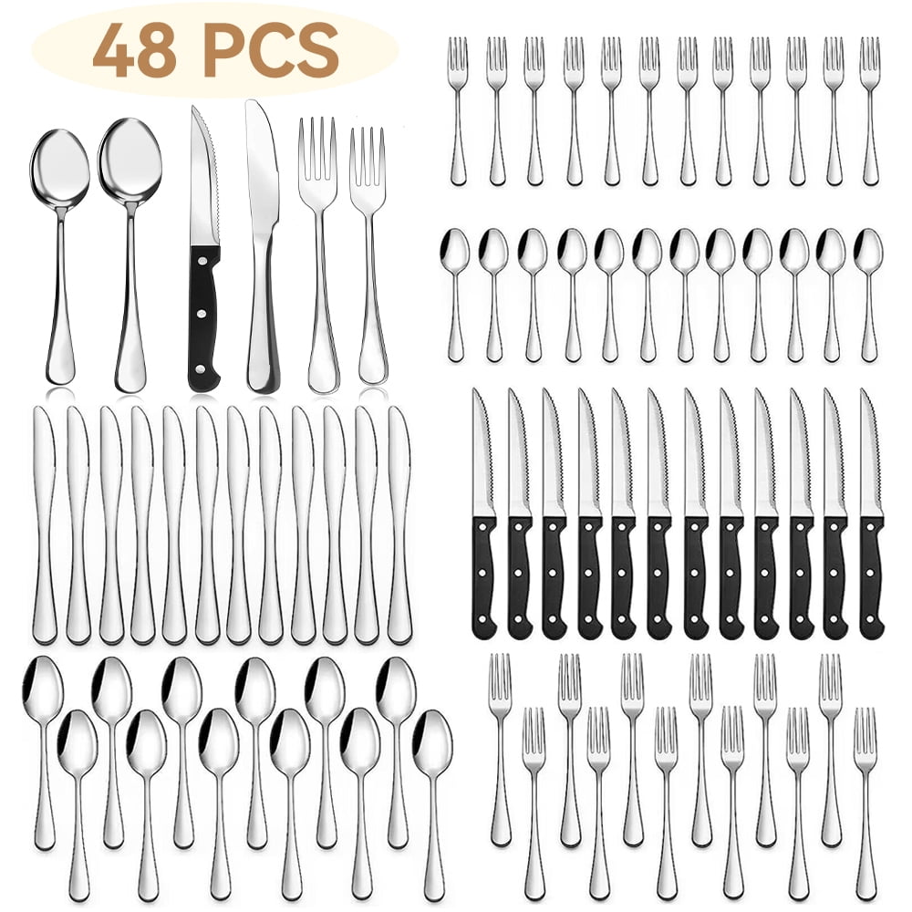 48 Pieces Silverware Set with Steak Knives, Stainless Steel Flatware Cutlery Set for 8, Fancy Tableware Eating Utensils for Home Kitchen Restaurant Hotel, Dishwasher Safe by Kosbon