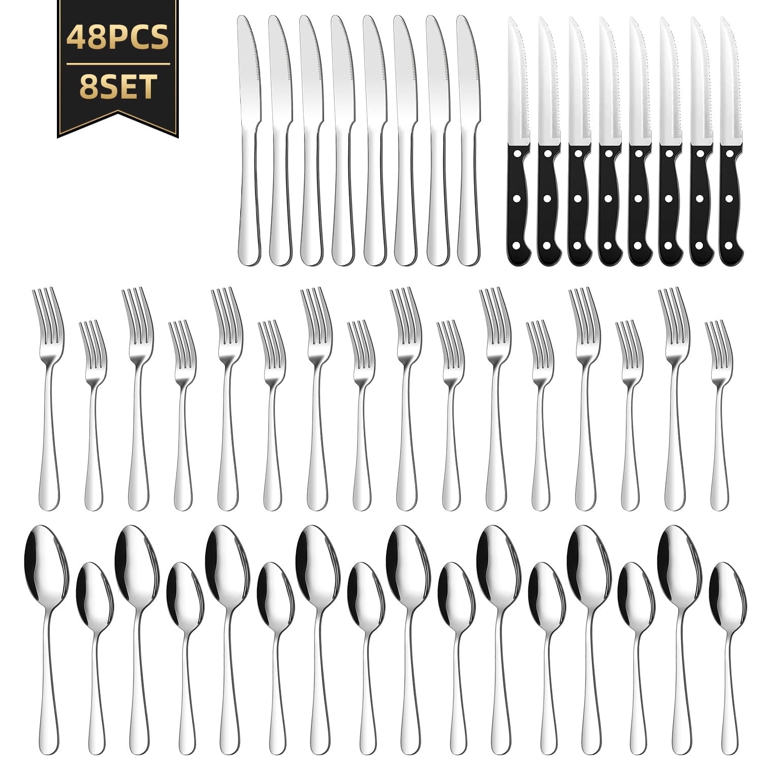TINANA Silverware Sets, 48 PCS Flatware Set for 8, Premium Stainless Steel Cutlery Utensil Set with Steak Knives Mirror Polished Forks and Spoons, Dishwasher Safe