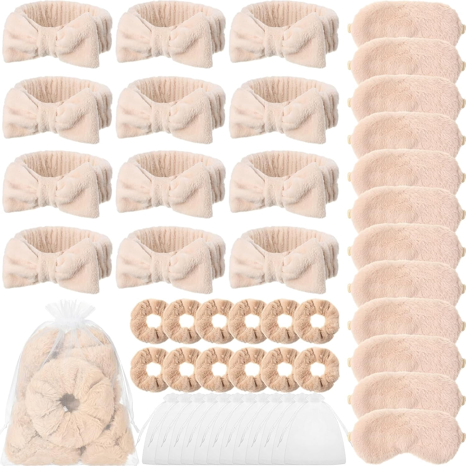 48 Pieces Spa Party Supplies 12 Spa Headband 12 Plush Sleep Eye Mask 12 Velvet Scrunchies 12 Organza Bags for Sleepover Slumber Party Favors Graduation Gift(Beige)