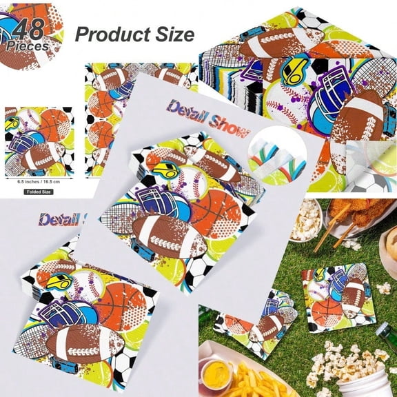 48 Pieces Sports Napkins 13 x 13 Inches Sports Ball Paper Napkins Disposable Sports Pattern Cocktail Napkins for Baseball Basketball Football Soccer Party Supplies Birthday Party Decorations